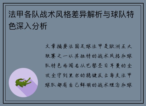 法甲各队战术风格差异解析与球队特色深入分析