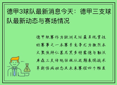 德甲3球队最新消息今天：德甲三支球队最新动态与赛场情况