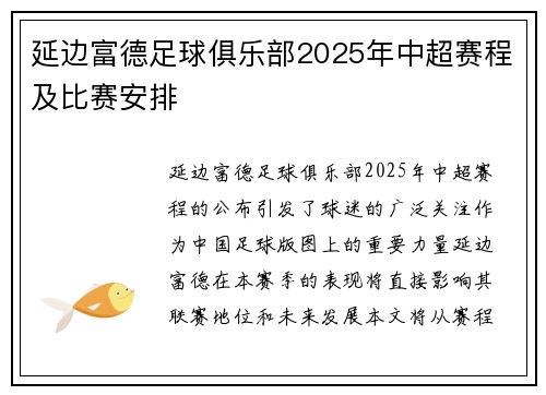 延边富德足球俱乐部2025年中超赛程及比赛安排
