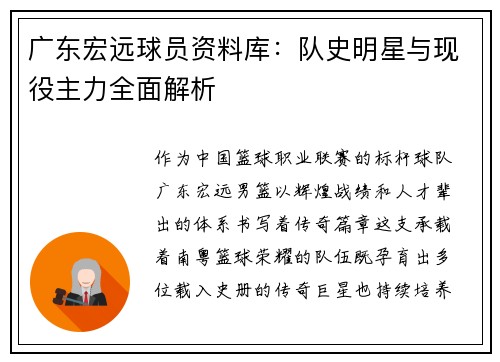 广东宏远球员资料库：队史明星与现役主力全面解析